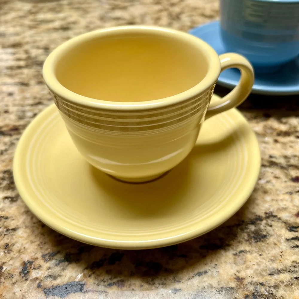 Homer Laughlin Fiestaware Teacup Saucer Sets Periwinkle‎ Blue Sunflower Yellow